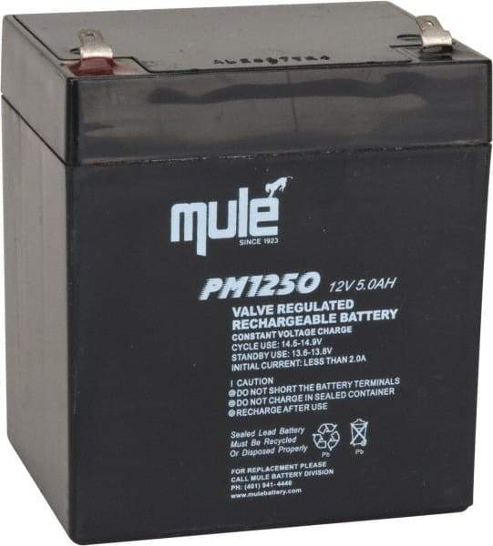 Mule - Lead-Acid, Quick-Disconnect Tab Terminal, 12 Volt, 5 Amp, Lead Rechargeable Battery - 4.8mm Tab Width x 0.8mm Tab Thickness, 2.76" Wide x 4.21" High x 3.54" Deep - Benchmark Tooling