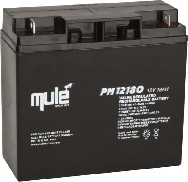 Mule - Lead-Acid, Nut/Bolt Terminal, 12 Volt, 18 Amp, Lead Rechargeable Battery - 1/4" Hole Diam, 2.56" Wide x 6.57" High x 7.13" Deep - Benchmark Tooling