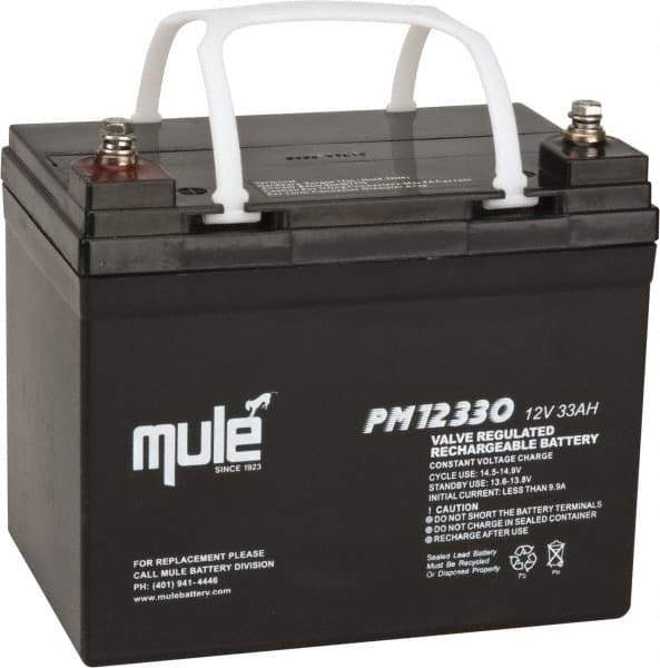Mule - Lead-Acid, Nut/Bolt Terminal, 12 Volt, 33 Amp, Lead Rechargeable Battery - 6mm Hole Diam, 5.12" Wide x 6.61" High x 7.68" Deep - Benchmark Tooling