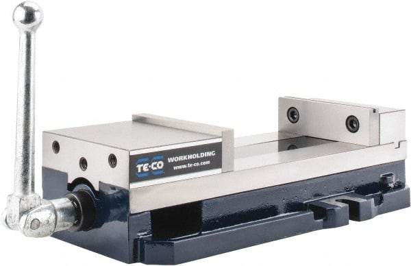 TE-CO - 6" Jaw Width, 9" Jaw Opening Capacity, Horizontal Stationary Machine Vise - Manual Operation, 8,200 Lb Capacity, 1 Station, 437.03mm Long x 117.48mm High x 1-1/2" Deep, 44.45mm Jaw Height - Benchmark Tooling