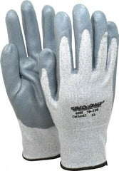 PRO-SAFE - Size XL (10), ANSI Cut Lvl A2, Puncture Lvl 3, Abrasion Lvl 4, Nitrile Coated HPPE Fiber Cut Resistant Gloves - 9" Long, Palm & Fingers Coated, HPPE Fiber Lining, Knit Wrist, Black and Gray w/ Gray Coating, Paired - Benchmark Tooling