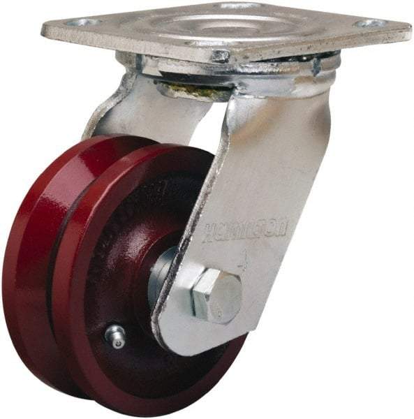 Hamilton - 4" Diam x 1-1/2" Wide, Iron Swivel Caster - 550 Lb Capacity, Top Plate Mount, 4" x 4-1/2" Plate, Straight Roller Bearing - Benchmark Tooling