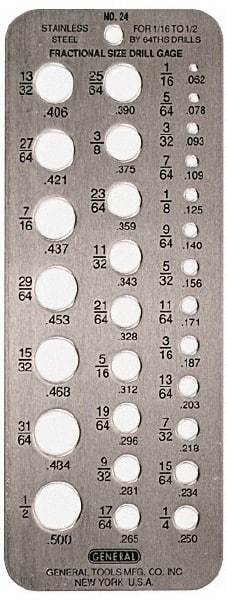 General - 1/16 Inch to 1/2 Inch Hole Size Drill Gage - 6-1/2 Inch Long, 2-1/2 Inch Wide, 29 Holes - Benchmark Tooling