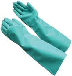 PRO-SAFE - Size L (9), 17" Long, 22 mil Thick, Nitrile Chemical Resistant Gloves - Textured Finish, Straight Cuff, ANSI Abrasion Level 4, ANSI Cut Level 0, ANSI Puncture Level 2, Green, FDA Approved - Benchmark Tooling