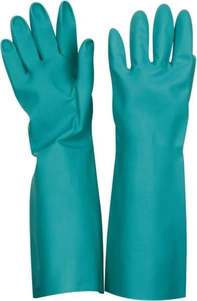 PRO-SAFE - Size XL (10), 17" Long, 22 mil Thick, Nitrile Chemical Resistant Gloves - Textured Finish, Straight Cuff, ANSI Abrasion Level 4, ANSI Cut Level 0, ANSI Puncture Level 2, Green, FDA Approved - Benchmark Tooling