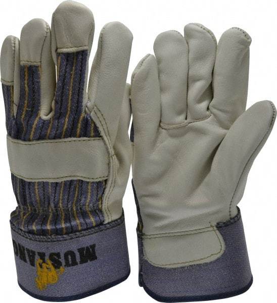 MCR Safety - Size L (9) Grain Cowhide General Protection Work Gloves - For Work & Driver, Uncoated, Safety Cuff, Full Fingered, White/Blue/Black/Yellow, Paired - Benchmark Tooling