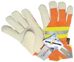 MCR Safety - Size L (9) Grain Pigskin General Protection Work Gloves - For Work & Driver, Uncoated, Knit Wrist Cuff, Full Fingered, Cream/Yellow/Red/Orange, Paired - Benchmark Tooling