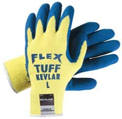 MCR Safety - Size M (8), Latex Coated Cut Resistant Gloves - 11" Long, Palm & Fingers Coated, Kevlar Lining, Knit Wrist, Yellow/Blue, Paired - Benchmark Tooling