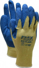 MCR Safety - Size L (9), Latex Coated Cut Resistant Gloves - 11" Long, Palm & Fingers Coated, Kevlar Lining, Knit Wrist, Yellow/Blue, Paired - Benchmark Tooling