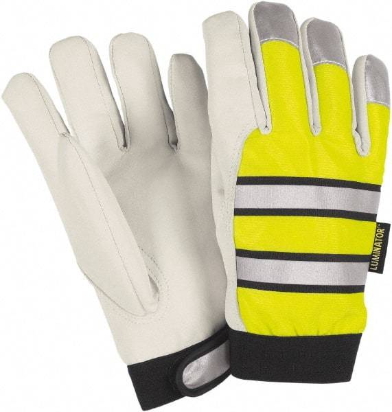 MCR Safety - Size L (9) Grain Goatskin Cold Protection Work Gloves - For Work & Driver, Uncoated, Hook & Loop Cuff, Full Fingered, Lime Green/Silver/Black/Orange, Paired - Benchmark Tooling