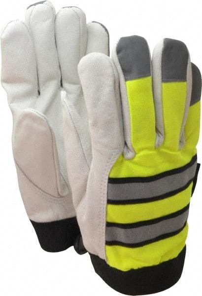 MCR Safety - Size XL (10) Grain Goatskin Cold Protection Work Gloves - For Work & Driver, Uncoated, Hook & Loop Cuff, Full Fingered, Lime Green/Silver/Black/Orange, Paired - Benchmark Tooling