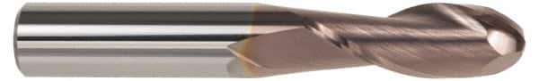 SGS - 1/2" Diam, 1" LOC, 2 Flute Solid Carbide Ball End Mill - TiCN Finish, Single End, 3" OAL, 1/2" Shank Diam, Spiral Flute - Benchmark Tooling