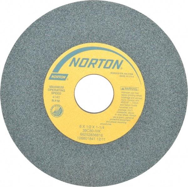 Norton - 6" Diam x 1-1/4" Hole x 1/2" Thick, I Hardness, 80 Grit Surface Grinding Wheel - Silicon Carbide, Type 1, Medium Grade, 4,140 Max RPM, Vitrified Bond, No Recess - Benchmark Tooling