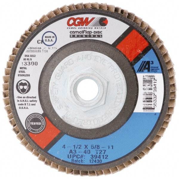 Camel Grinding Wheels - 120 Grit, 7" Disc Diam, 7/8" Center Hole, Type 29 Aluminum Oxide Flap Disc - 8,600 Max RPM, Polyester Backing, Arbor Attaching System, Coated - Benchmark Tooling