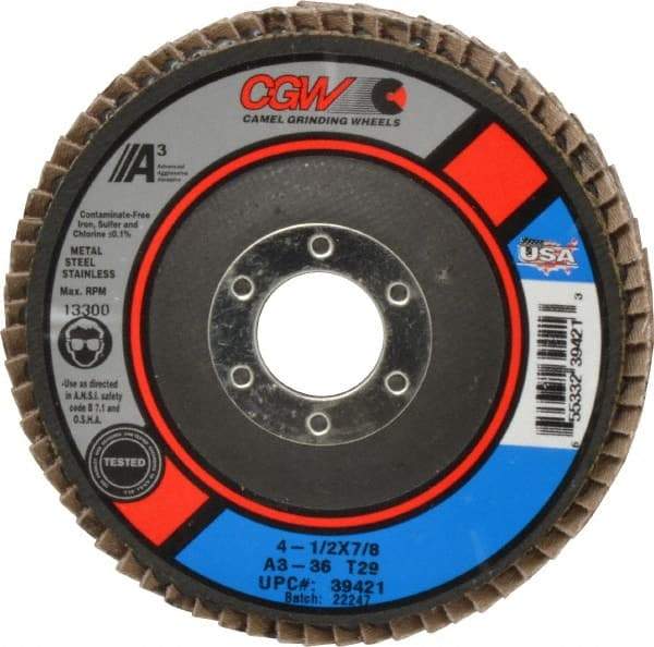 Camel Grinding Wheels - 36 Grit, 4-1/2" Disc Diam, 7/8" Center Hole, Type 29 Aluminum Oxide Flap Disc - 13,300 Max RPM, Polyester Backing, Arbor Attaching System, Coated - Benchmark Tooling