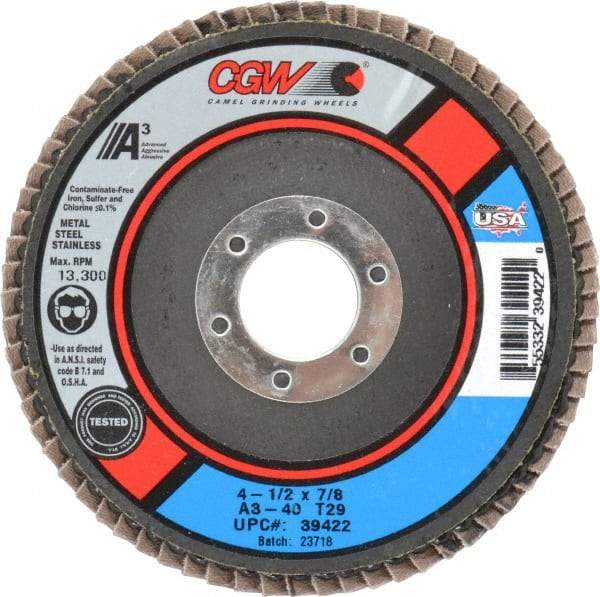 Camel Grinding Wheels - 40 Grit, 4-1/2" Disc Diam, 7/8" Center Hole, Type 29 Aluminum Oxide Flap Disc - 13,300 Max RPM, Polyester Backing, Arbor Attaching System, Coated - Benchmark Tooling