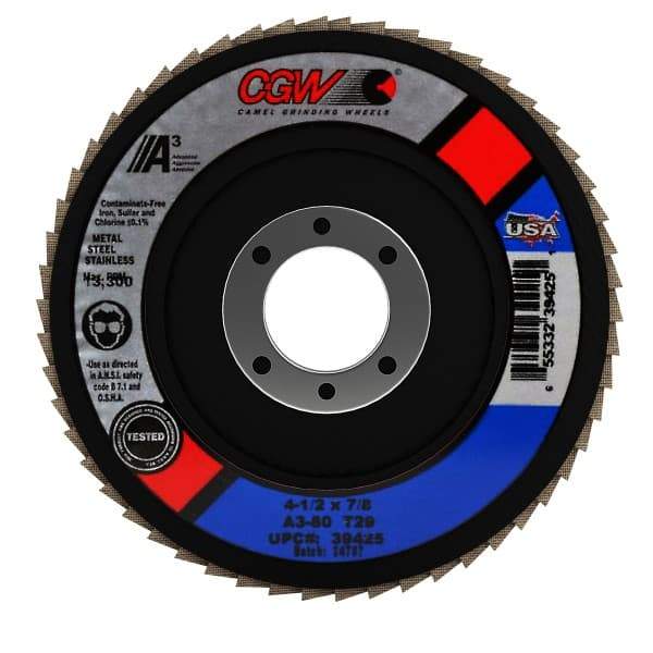 Camel Grinding Wheels - 80 Grit, 4-1/2" Disc Diam, 7/8" Center Hole, Type 29 Aluminum Oxide Flap Disc - 13,300 Max RPM, Polyester Backing, Arbor Attaching System, Coated - Benchmark Tooling