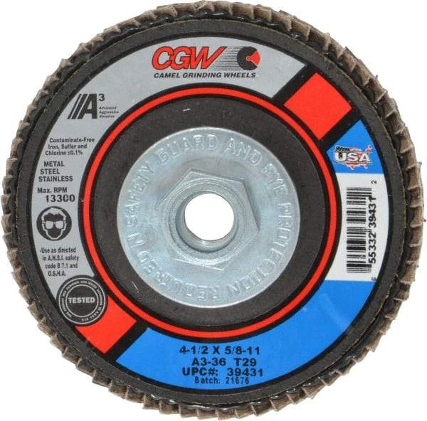 Camel Grinding Wheels - 36 Grit, 4-1/2" Disc Diam, 5/8-11 Center Hole, Type 29 Aluminum Oxide Flap Disc - 13,300 Max RPM, Polyester Backing, Arbor Attaching System, Coated - Benchmark Tooling