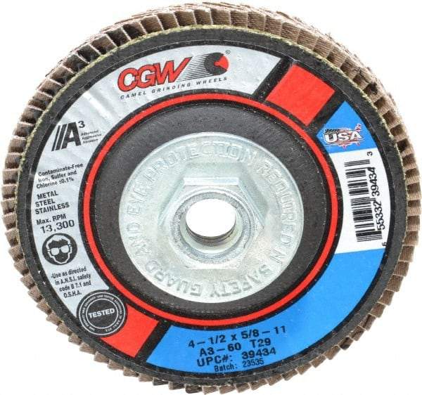 Camel Grinding Wheels - 60 Grit, 4-1/2" Disc Diam, 5/8-11 Center Hole, Type 29 Aluminum Oxide Flap Disc - 13,300 Max RPM, Polyester Backing, Arbor Attaching System, Coated - Benchmark Tooling