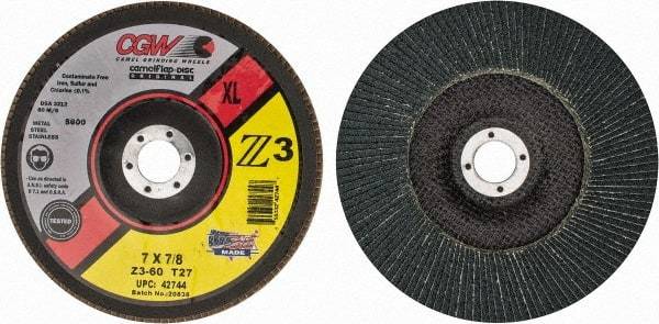 Camel Grinding Wheels - 60 Grit, 7" Disc Diam, 7/8" Center Hole, Type 27 Zirconia Alumina Flap Disc - 8,600 Max RPM, Poly Cotton Backing, Arbor Attaching System, Coated - Benchmark Tooling