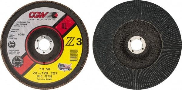 Camel Grinding Wheels - 120 Grit, 7" Disc Diam, 7/8" Center Hole, Type 27 Zirconia Alumina Flap Disc - 8,600 Max RPM, Poly Cotton Backing, Arbor Attaching System, Coated - Benchmark Tooling