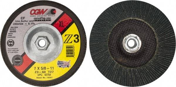 Camel Grinding Wheels - 60 Grit, 7" Disc Diam, 5/8-11 Center Hole, Type 27 Zirconia Alumina Flap Disc - 8,600 Max RPM, Poly Cotton Backing, Arbor Attaching System, Coated - Benchmark Tooling