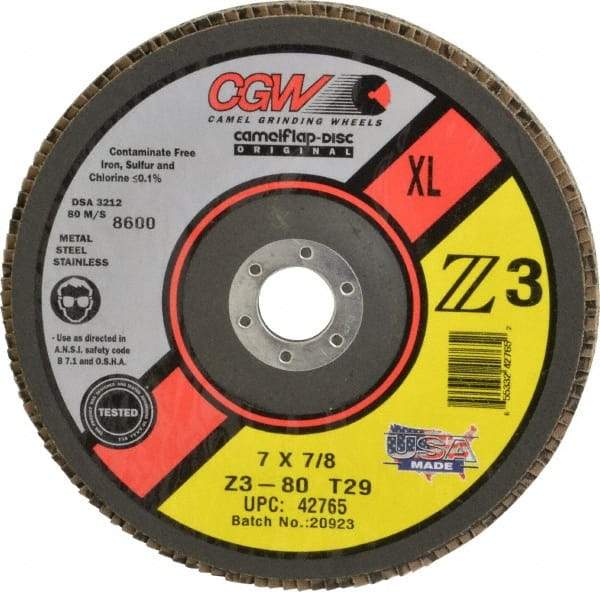 Camel Grinding Wheels - 80 Grit, 7" Disc Diam, 5/8-11 Center Hole, Type 29 Zirconia Alumina Flap Disc - 8,600 Max RPM, Poly Cotton Backing, Arbor Attaching System, Coated - Benchmark Tooling