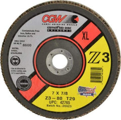 Camel Grinding Wheels - 80 Grit, 7" Disc Diam, 5/8-11 Center Hole, Type 29 Zirconia Alumina Flap Disc - 8,600 Max RPM, Poly Cotton Backing, Arbor Attaching System, Coated - Benchmark Tooling