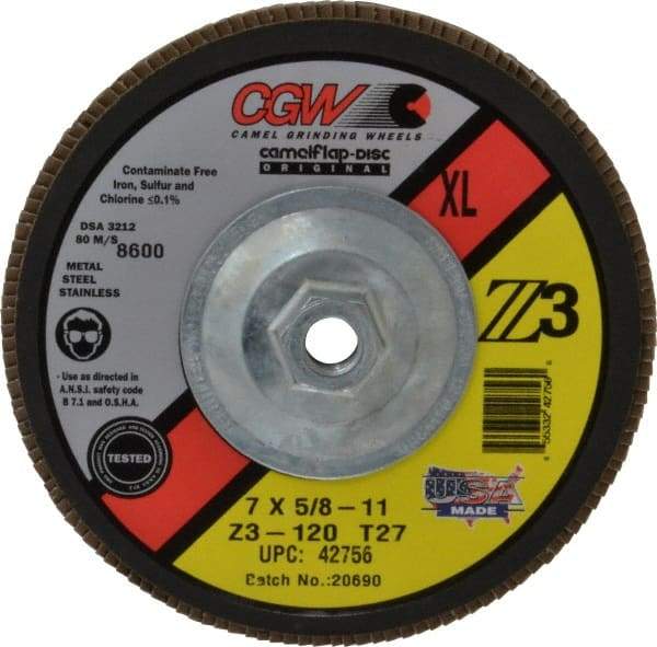 Camel Grinding Wheels - 120 Grit, 7" Disc Diam, 5/8-11 Center Hole, Type 27 Zirconia Alumina Flap Disc - 8,600 Max RPM, Poly Cotton Backing, Arbor Attaching System, Coated - Benchmark Tooling