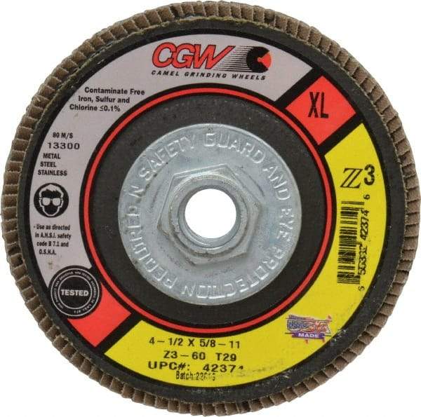 Camel Grinding Wheels - 60 Grit, 4-1/2" Disc Diam, 5/8-11 Center Hole, Type 29 Zirconia Alumina Flap Disc - 13,300 Max RPM, Poly Cotton Backing, Arbor Attaching System, Coated - Benchmark Tooling