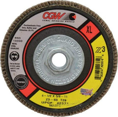 Camel Grinding Wheels - 60 Grit, 4-1/2" Disc Diam, 5/8-11 Center Hole, Type 29 Zirconia Alumina Flap Disc - 13,300 Max RPM, Poly Cotton Backing, Arbor Attaching System, Coated - Benchmark Tooling