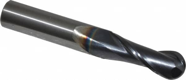 OSG - 3/8" Diam, 1" LOC, 2 Flute Solid Carbide Ball End Mill - TiAlN Finish, Single End, 2-1/2" OAL, 3/8" Shank Diam, Spiral Flute - Benchmark Tooling