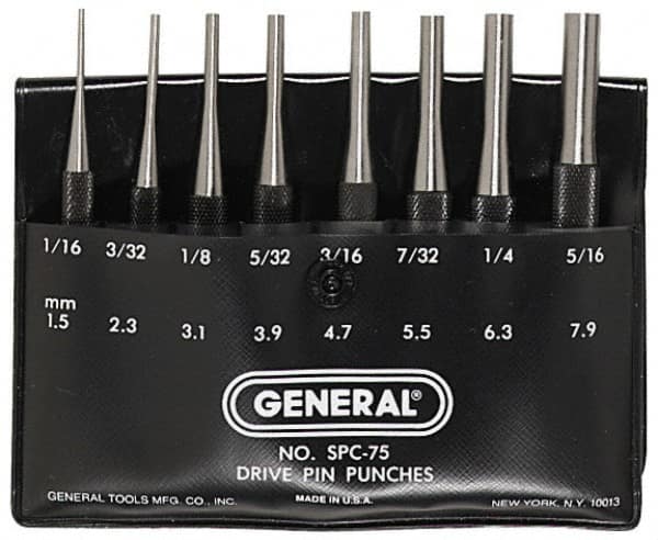 General - 8 Piece, 1/16 to 5/16", Pin Punch Set - Comes in Plastic Case - Benchmark Tooling
