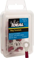 Ideal - 22-18 AWG Partially Insulated Crimp Connection Circular Ring Terminal - 1/4" Stud, 1.055" OAL x 0.394" Wide, Tin Plated Brass Contact - Benchmark Tooling