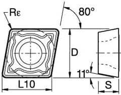 Kennametal - CPMT21.51 MF Grade KCPK30 Carbide Milling Insert - TiN/TiCN/Al2O3 Finish, 0.0937" Thick, 1/4" Inscribed Circle, 0.4mm Corner Radius - Benchmark Tooling