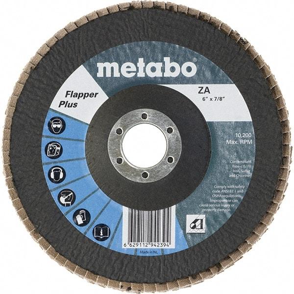 Metabo - 60 Grit, 6" Disc Diam, 7/8" Center Hole, Type 29 Zirconia Alumina Flap Disc - 10,200 Max RPM, Fiberglass Backing, Arbor Attaching System, Coated - Benchmark Tooling
