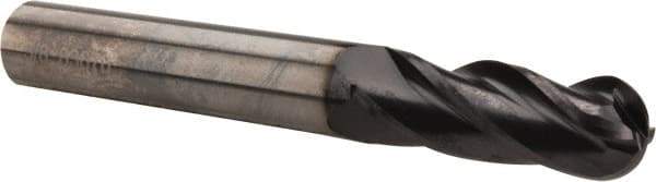 OSG - 3/8" Diam, 1-1/8" LOC, 4 Flute Solid Carbide Ball End Mill - TiAlN Finish, Single End, 3" OAL, 3/8" Shank Diam, Spiral Flute - Benchmark Tooling