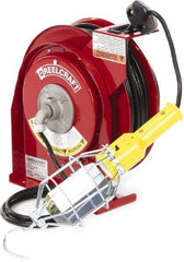 Reelcraft - 16 AWG, 50' Cable Length, Cord & Cable Reel with Incandescent Hand Lamp End - 1 Outlet, NEMA 5-15R, 13 Amps, 125 Volts, SJTOW Cable, Red Reel - Benchmark Tooling