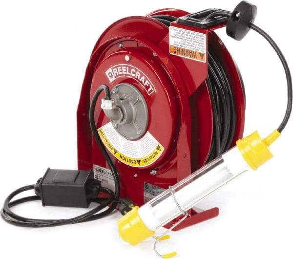 Reelcraft - 16 AWG, 50' Cable Length, Cord & Cable Reel with Fluorescent Hand Lamp End - 0 Outlets, 0.3 Amps, 125 Volts, SJTOW Cable, Red Reel - Benchmark Tooling