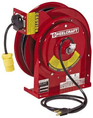 Reelcraft - 12 AWG, 45' Cable Length, Cord & Cable Reel with Outlet End - 1 Outlet, NEMA 5-15R, 15 Amps, 125 Volts, SJEOOW Cable, Red Reel - Benchmark Tooling