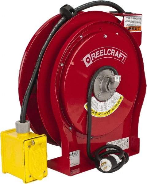 Reelcraft - 12 AWG, 50' Cable Length, Cord & Cable Reel with Duplex GFCI Outlet Box End - 2 Outlets, NEMA 5-15R, 15 Amps, 125 Volts, SEOOW Cable, Red Reel - Benchmark Tooling