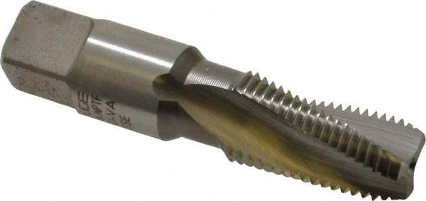 Emuge - 1/4-18 NPTF, 15° Helix, 3 Flutes, Modified Bottoming Chamfer, Bright Finish, High Speed Steel, Spiral Flute Pipe Tap - Right Hand Flute, 9/16" Shank Diam, 1.06" Thread Length, 0.397-0.521" Projection, 0.421" Square Size, - Exact Industrial Supply