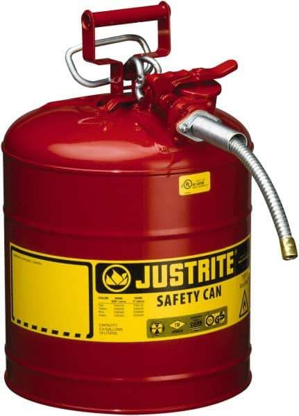 Justrite - 5 Gal Galvanized Steel Type II Safety Can - 17-1/2" High x 11-3/4" Diam, Red with Yellow - Benchmark Tooling