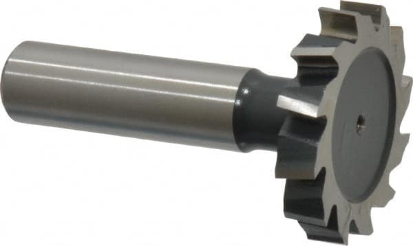 Interstate - 1-3/8" Diam x 1/4" Face Width, High Speed Steel, 14 Teeth, Shank Connection Woodruff Keyseat Cutter - Uncoated, 2-1/4" OAL x 1/2" Shank, Staggered Teeth, ANSI 811, Old Standard 22 - Benchmark Tooling