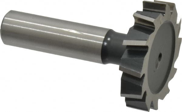 Interstate - 1-1/2" Diam x 5/16" Face Width, High Speed Steel, 12 Teeth, Shank Connection Woodruff Keyseat Cutter - Uncoated, 2-5/16" OAL x 1/2" Shank, Staggered Teeth, ANSI 1012, Old Standard 25 - Benchmark Tooling