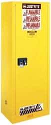 Justrite - 1 Door, 3 Shelf, Yellow Steel Space Saver Safety Cabinet for Flammable and Combustible Liquids - 65" High x 23-1/4" Wide x 18" Deep, Manual Closing Door, 22 Gal Capacity - Benchmark Tooling