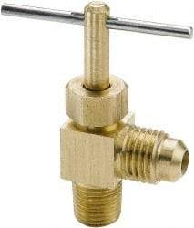 Parker - 1/4 x 1/8" Pipe, Angled Needle Valve - Flare x MNPTF Ends, Brass Valve, 150 Max psi - Benchmark Tooling