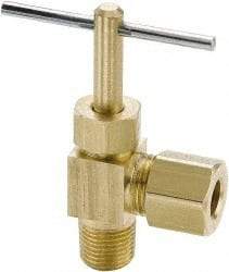 Parker - 3/8 x 1/4" Pipe, Angled Needle Valve - Compression x MNPTF Ends, Brass Valve, 150 Max psi - Benchmark Tooling