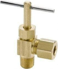 Parker - 3/8 x 1/4" Pipe, Angled Needle Valve - Compression x MNPTF Ends, Brass Valve, 150 Max psi - Benchmark Tooling