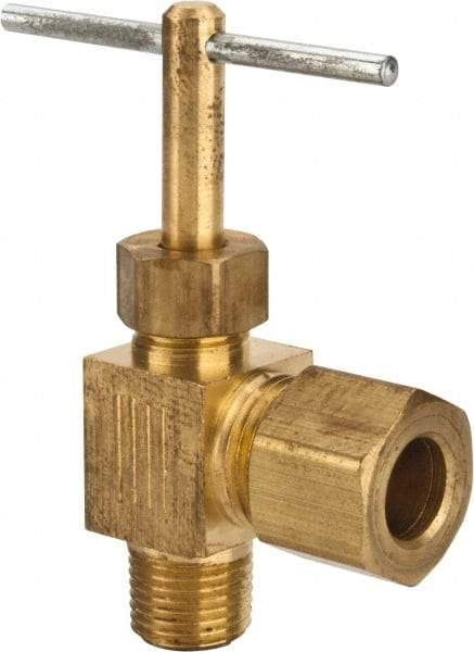 Parker - 5/16 x 1/8" Pipe, Angled Needle Valve - Compression x MNPTF Ends, Brass Valve, 150 Max psi - Benchmark Tooling